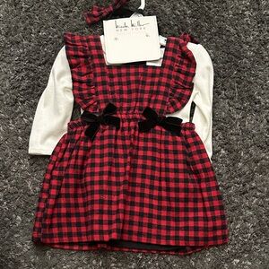 Nicole Miller Red and Black Checkered Dress with White Sleeves 12 month